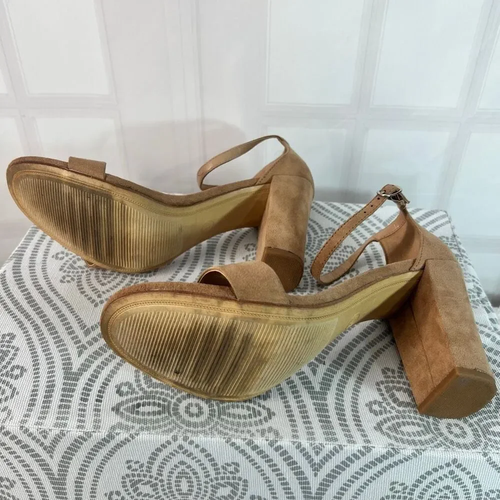 A New Day Tan Ema High Block Heel Square Toe Suede Ankle Strap Sandals Size 10